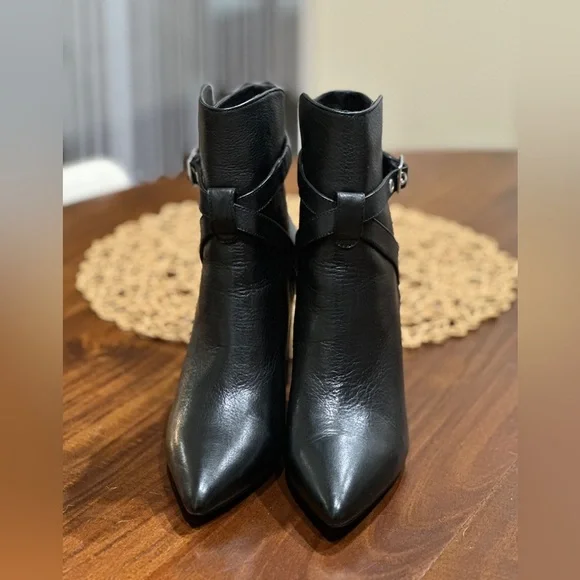 Paige Camille Pointed Toe Black Leather Buckle Straps Boots - Picture 3 of 9